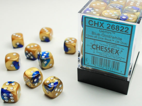 Gemini Blue-Gold/white 12mm d6 Dice Block (36 dice) (Chessex) (26822)