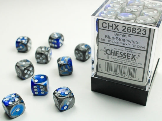 Gemini Blue-Steel/white 12mm d6 Dice Block (36 dice) (Chessex) (26823)
