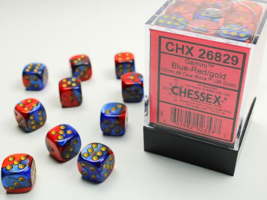 Gemini Blue-Red/gold 12mm d6 Dice Block (36 dice) (Chessex) (26829)