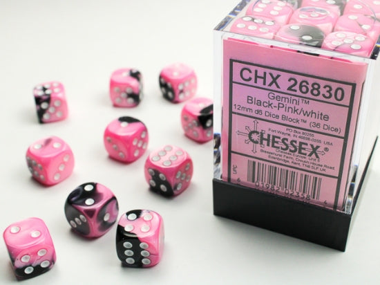 Gemini Black-Pink/white 12mm d6 Dice Block (36 dice) (Chessex) (26830)