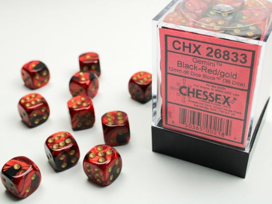 Gemini Black-Red/gold 12mm d6 Dice Block (36 dice) (Chessex) (26833)