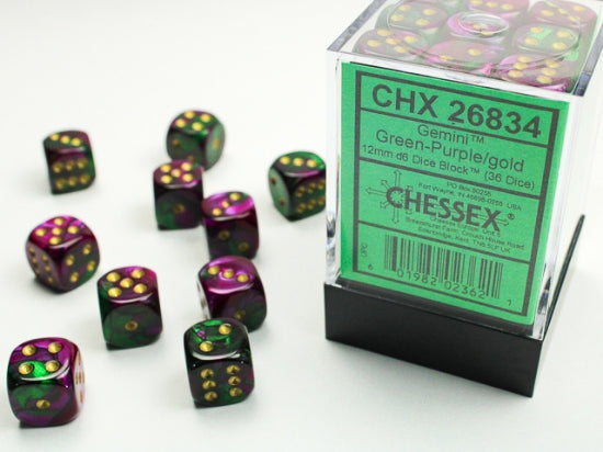 Gemini Green-Purple/gold 12mm d6 Dice Block (36 dice) (Chessex) (26834)