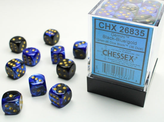 Gemini Black-Blue/gold 12mm d6 Dice Block (36 dice) (Chessex) (26835)