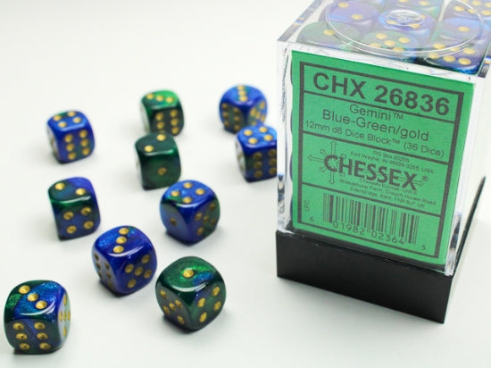 Gemini Blue-Green/gold 12mm d6 Dice Block (36 dice) (Chessex) (26836)