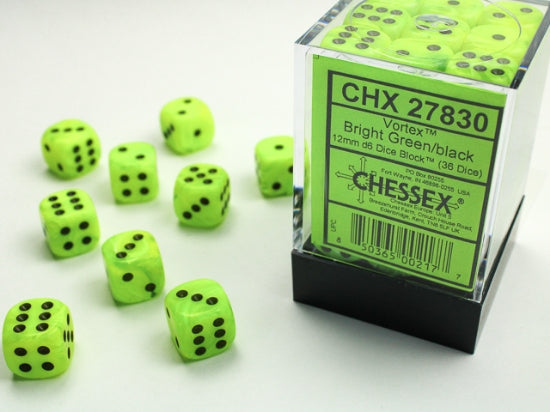 Vortex Bright Green/black 12mm d6 Dice Block (36 dice) (Chessex) (27830)