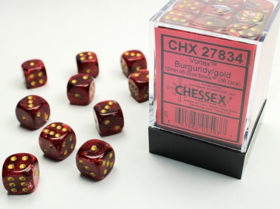 Vortex Burgundy/gold 12mm d6 Dice Block (36 dice) (Chessex) (27834)