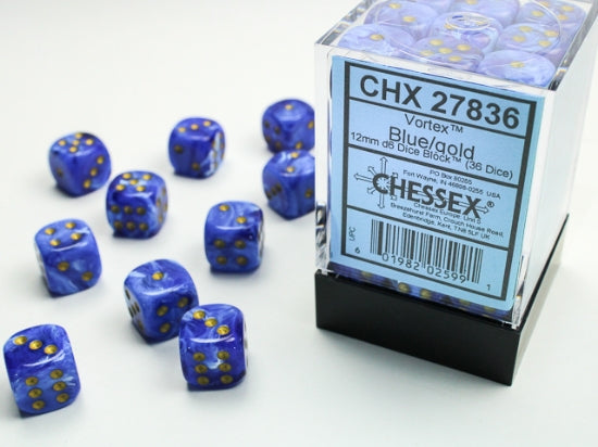 Vortex Blue/gold 12mm d6 Dice Block (36 dice) (Chessex) (27836)