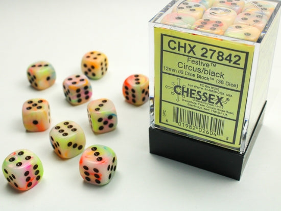 Festive Circus/black 12mm d6 Dice Block (36 dice) (Chessex) (27842)