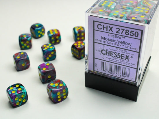 Festive Mosaic/yellow 12mm d6 Dice Block (36 dice) (Chessex) (27850)
