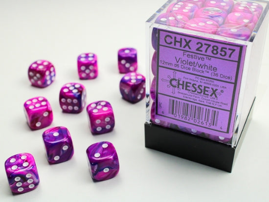 Festive Violet/white 12mm d6 Dice Block (36 dice) (Chessex) (27857)