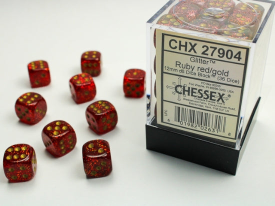 Glitter Ruby/gold 12mm d6 Dice Block (36 dice) (Chessex) (27904)