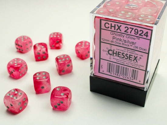 Ghostly Glow Pink/silver 12mm d6 Dice Block (36 dice) (Chessex) (27924)