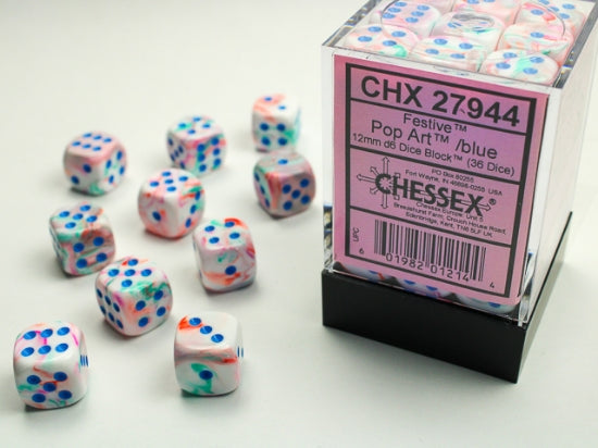 Festive Pop Art/blue 12mm d6 Dice Block (36 dice) (Chessex) (27944)