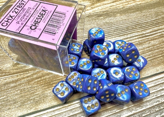 Lustrous Purple/gold 12mm d6 Dice Block (36 dice) (Chessex) (27897)