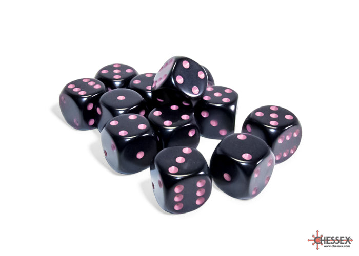 Opaque Black/pink 16mm d6 Dice Block (12 dice) (Chessex) (25648)