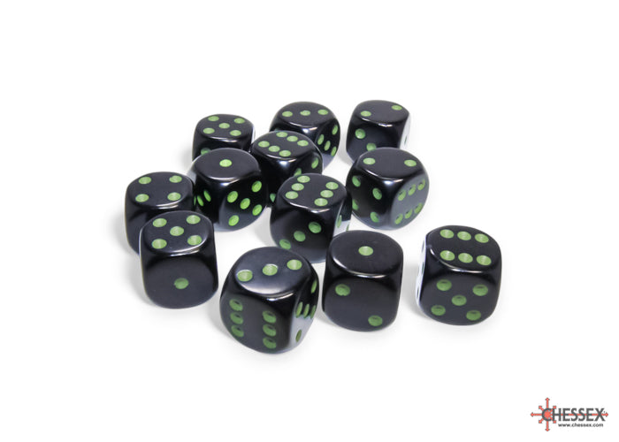 Opaque Black/green 16mm d6 Dice Block (12 dice) (Chessex) (25658)