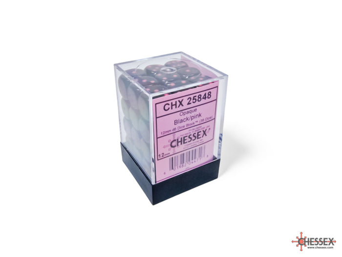 Opaque Black/pink 12mm d6 Dice Block (36 dice) (Chessex) (25848)