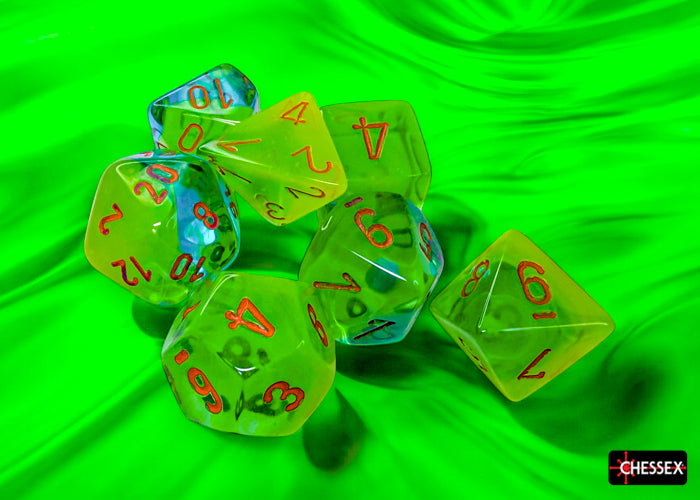 Gemini Plasma Green-Teal/orange Luminary Polyhedral 7-Dice Set (Chessex) (26470)