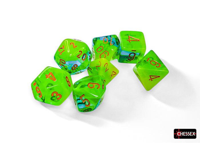 Gemini Plasma Green-Teal/orange Luminary Polyhedral 7-Dice Set (Chessex) (26470)