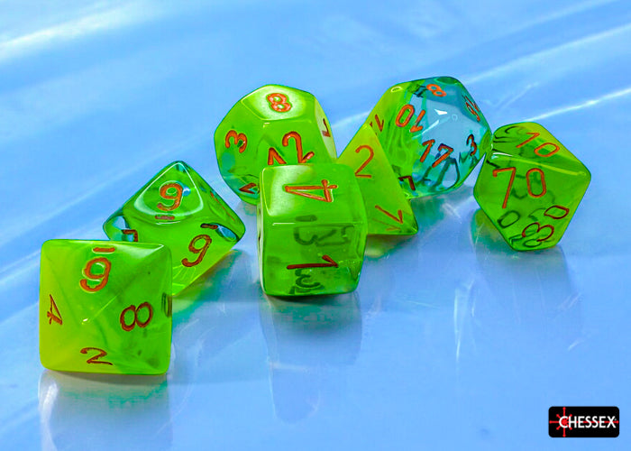 Gemini Plasma Green-Teal/orange Luminary Polyhedral 7-Dice Set (Chessex) (26470)