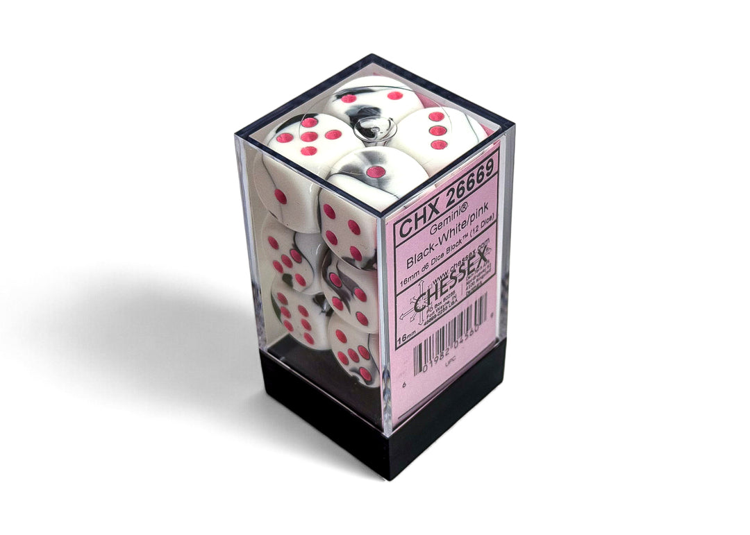 Gemini Black-White/pink 16mm d6 Dice Block (12 dice) (Chessex) (26669)
