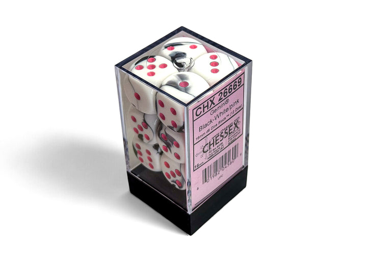 Gemini Black-White/pink 16mm d6 Dice Block (12 dice) (Chessex) (26669)