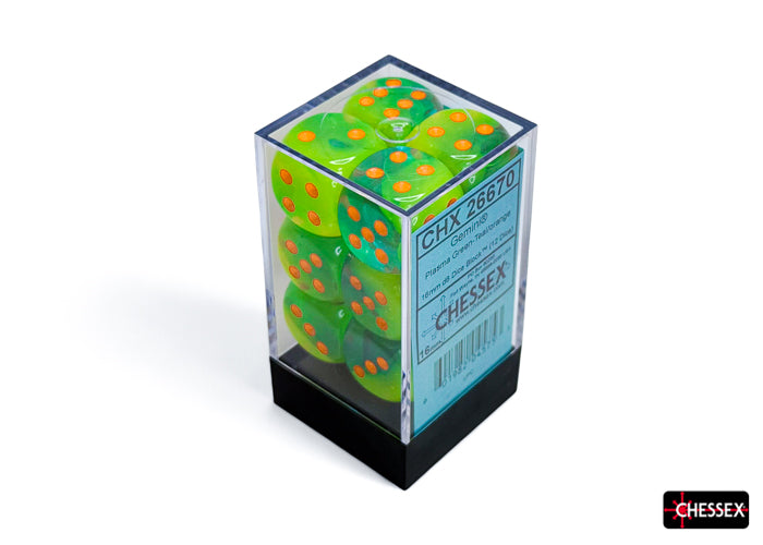 Gemini Plasma Green-Teal/orange Luminary 16mm d6 Dice Block (12 dice) (Chessex) (26670)