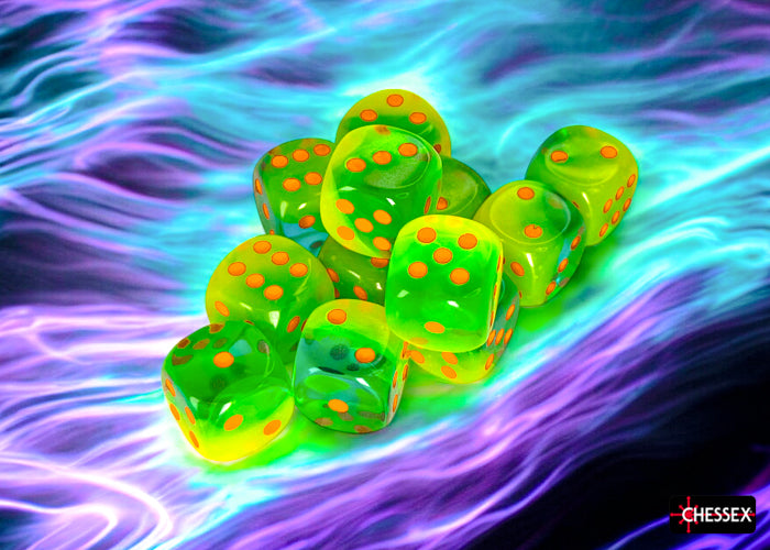 Gemini Plasma Green-Teal/orange Luminary 16mm d6 Dice Block (12 dice) (Chessex) (26670)