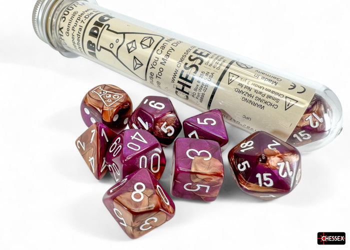Gemini Copper-Purple/white Polyhedral 7-Dice Set (with bonus die) (Chessex) (30071)