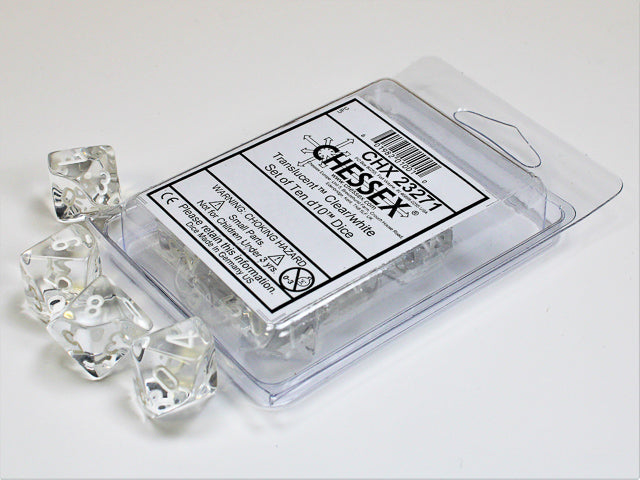 Translucent Clear/white Set of Ten d10s (Chessex) (23271)