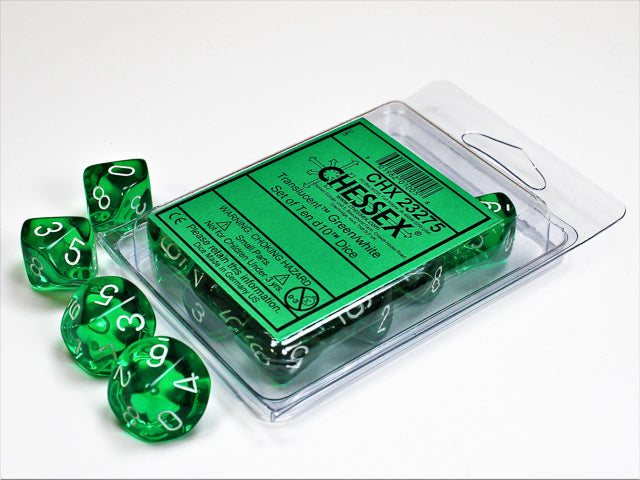 Translucent Green/white Set of Ten d10s (Chessex) (23275)