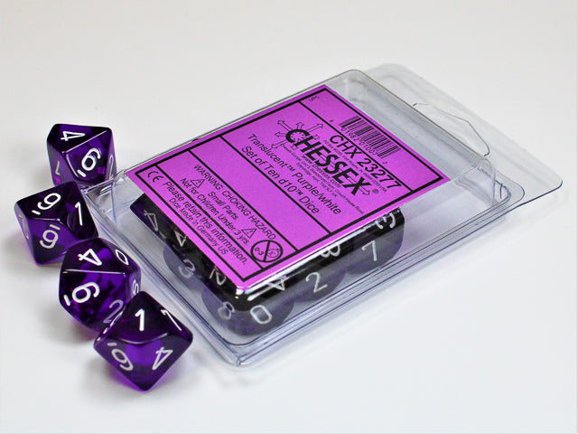 Translucent Purple/white Set of Ten d10s (Chessex) (23277)