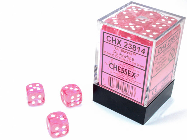 Translucent Pink/white 12mm d6 Dice Block (36 dice) (Chessex) (23814)