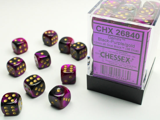 Gemini Black-Purple/gold 12mm d6 Dice Block (36 dice) (Chessex) (26840)