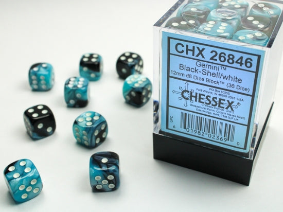 Gemini Black-Shell/white 12mm d6 Dice Block (36 dice) (Chessex) (26846)