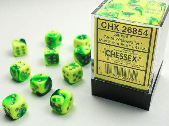 Gemini Green-Yellow/silver 12mm d6 Dice Block (36 dice) (Chessex) (26854)