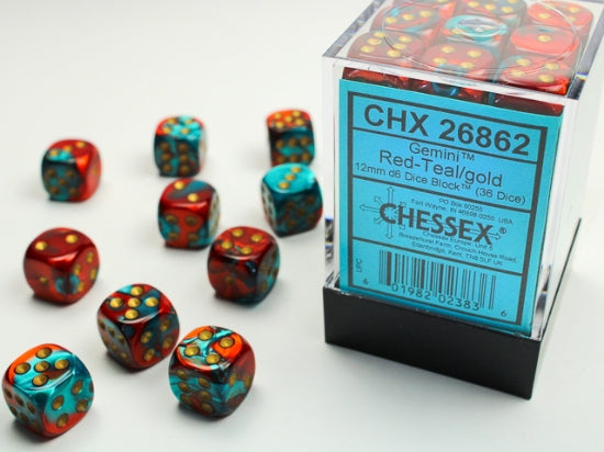 Gemini Red-Teal/gold 12mm d6 Dice Block (36 dice) (Chessex) (26862)