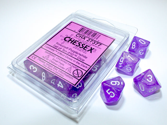 Borealis Purple/white Luminary Set of Ten d10s (Chessex) (27377)