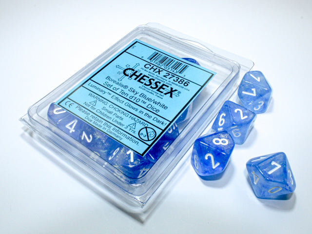 Borealis Sky Blue/white Luminary Set of Ten d10s (Chessex) (27386)