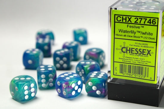 Festive Waterlily/white 16mm d6 Dice Block (12 dice) (Chessex) (27746)