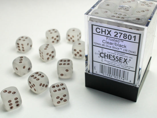 Frosted Clear/black 12mm d6 Dice Block (36 dice) (Chessex) (27801)