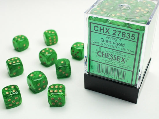 Vortex Green/gold 12mm d6 Dice Block (36 dice) (Chessex) (27835)