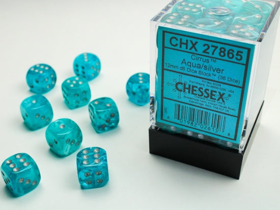 Cirrus Aqua/silver 12mm d6 Dice Block (36 dice) (Chessex) (27865)