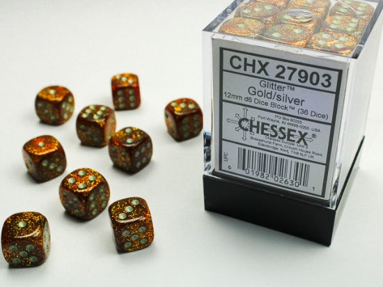Glitter Gold/silver 12mm d6 Dice Block (36 dice) (Chessex) (27903)