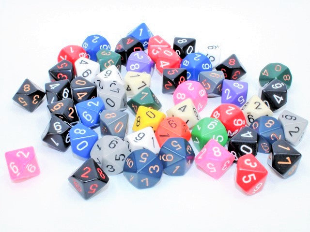 Bag of 50 Assorted Loose Opaque Polyhedral d10 Dice (Chessex) (29410)