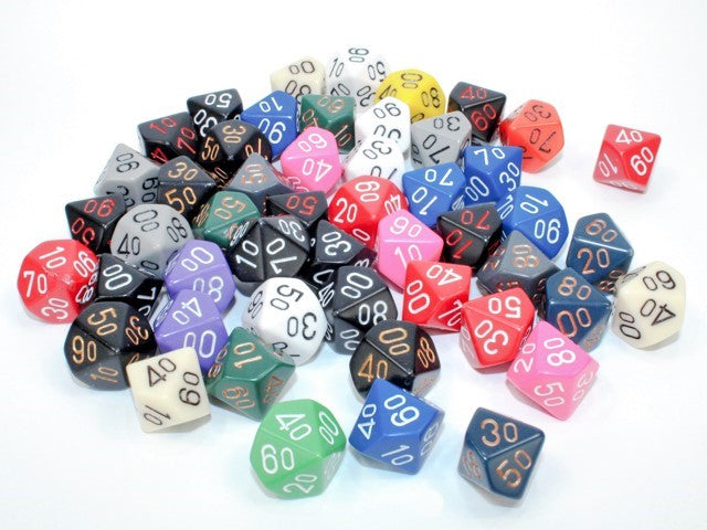 Bag of 50 Assorted Loose Opaque Polyhedral Tens 10 Dice (Chessex) (29411)