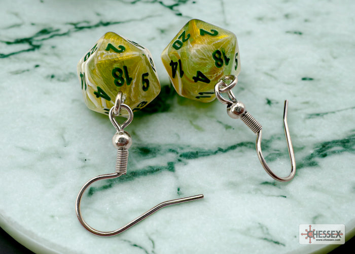 Hook Earrings Marble Green Mini-Poly d20 Pair (Chessex) (54203)
