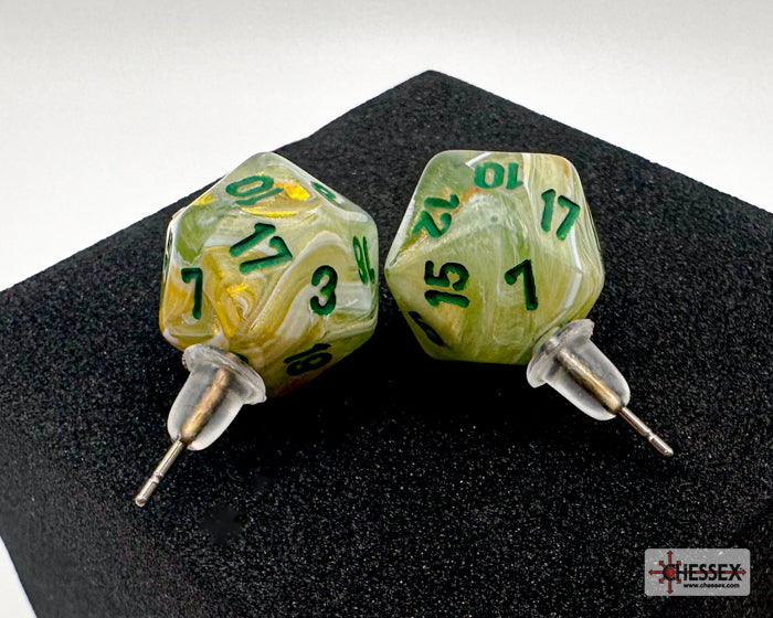 Stud Earrings Marble Green Mini-Poly d20 Pair (Chessex) (54503)