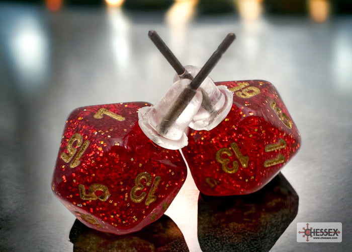 Stud Earrings Glitter Ruby Mini-Poly d20 Pair (Chessex) (54508)