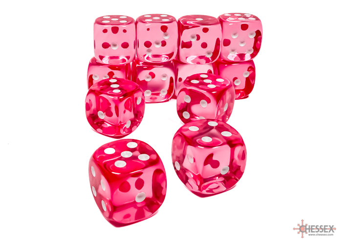 Translucent Pink/white 16mm d6 Dice Block (12 dice) (Chessex) (23614)